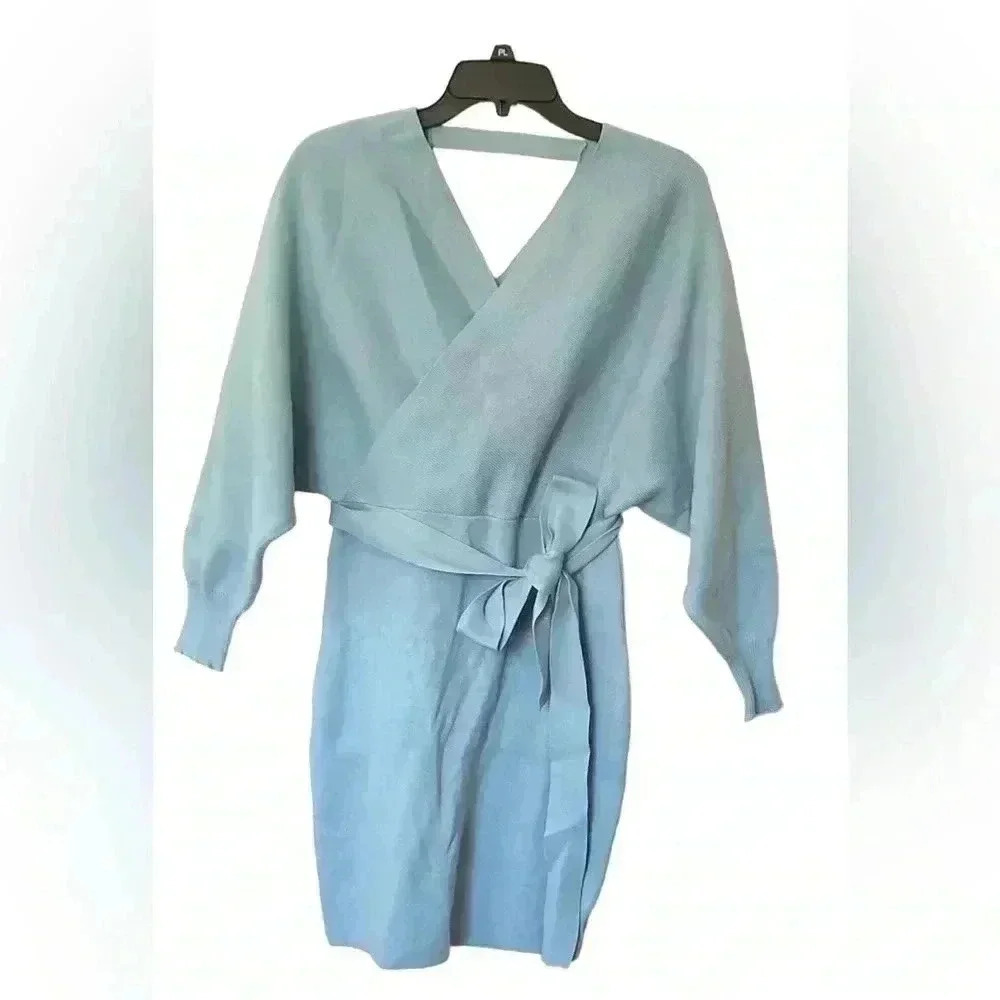 Zonsaoja Women's Sweater Dress Sexy VNeck Long Sleeve Backless Wrap Mini Dress M - Picture 6 of 9
